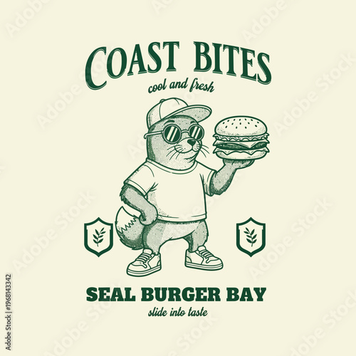 Seal wearing baseball cap holding burger.