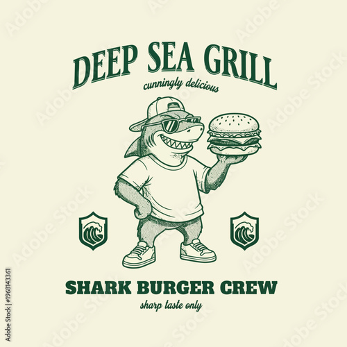 Shark Holding a Burger Illustration.