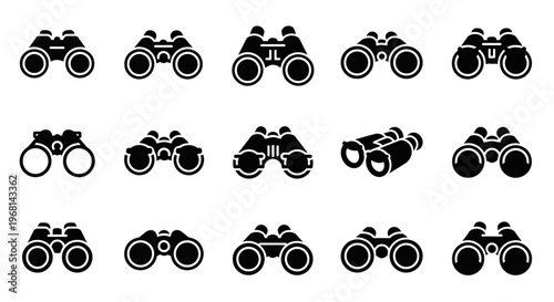 Binocular icons, black and white optics symbols, vector telescope signs, 12 piece set