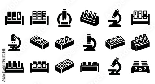 Laboratory, science icons, black vector set, 20 lab equipment symbols