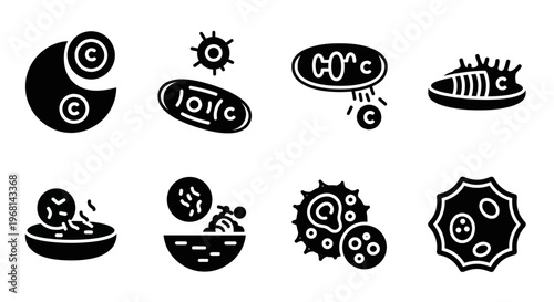 Viral, bacteria, microbe icons, black and white, 8 vector graphics, microbiology symbols