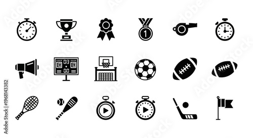 Sports icons, athletic symbols, 20 black vector graphics, sports equipment, awards