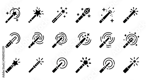 Magic wand icons, fantasy symbols, black vector graphics, mystical signs, 20 illustration set