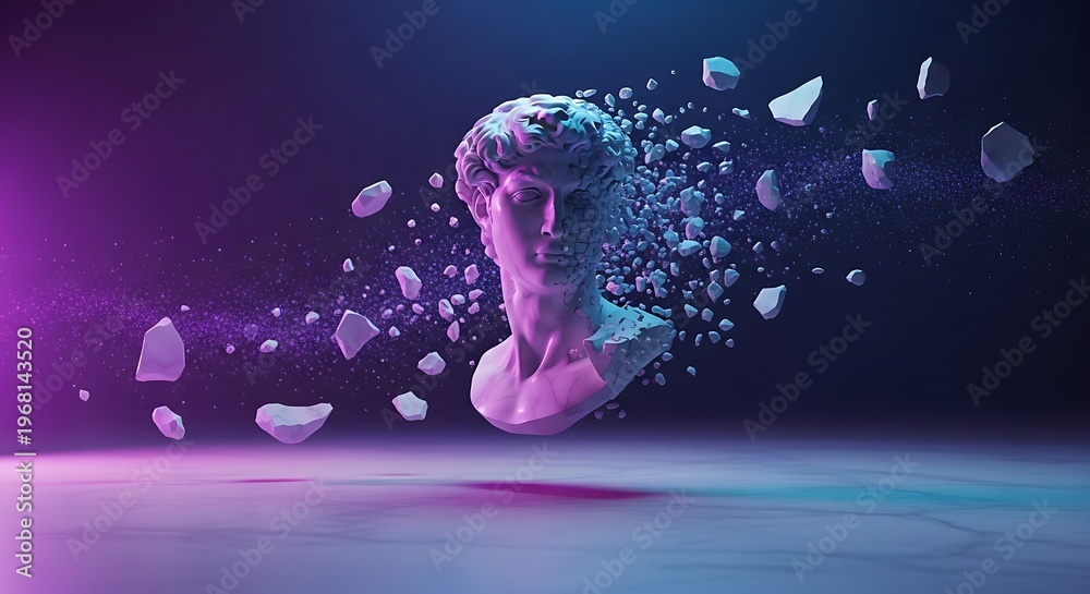 Naklejka premium Surreal Floating Marble Bust Breaking into Glowing Particles Abstract Art
