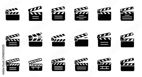 Film clapper boards, movie clapboard icons, video production symbols, black and white vector graphics