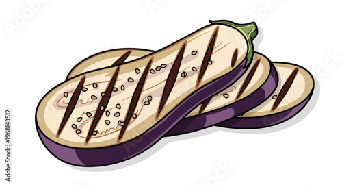 Illustrated grilled eggplant slices showcasing healthy vegetarian meal preparation for culinary use