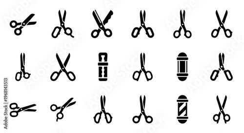 Scissors icons, black and white vector graphics, hairdressing tools, barber shop symbols, 20 illustration set