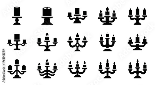 Black candle holder icons, candelabra symbols, 16 silhouette illustrations, vector graphics