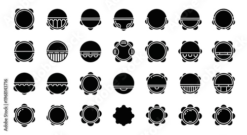 Industrial gear icons, mechanical symbols, black and white, 25 gearwheel graphics, vector illustrations
