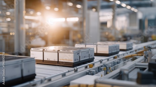 Industrial battery assembly line producing energy storage modules, automated systems stacking cells into utility scale containers, manufacturing capacity supporting renewable energy growth, ideal
