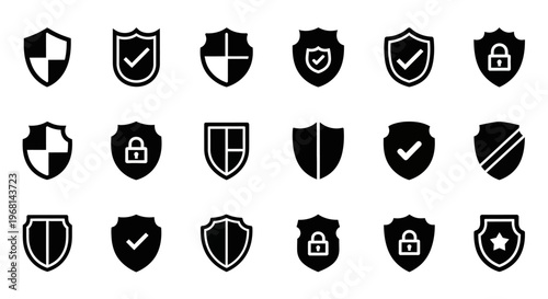 Security icons, shield symbols, protection signs, safety badges, 20 black vector graphics