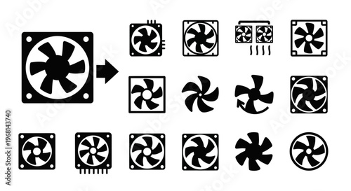 Fan icons, ventilation symbols, cooling signs, 13 black elements