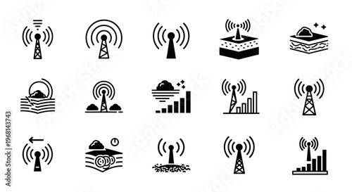 Black wireless communication icons, signal strength symbols, mobile network antennas, 15 vector graphics