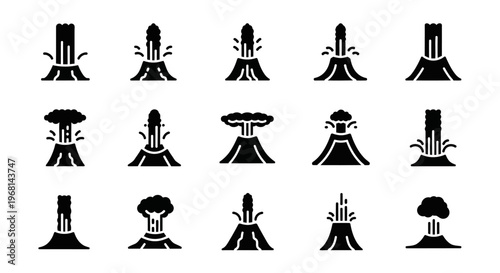 Volcano icons, black silhouette volcanic eruption symbols, 16 volcano graphics, explosion illustrations, geology vector set