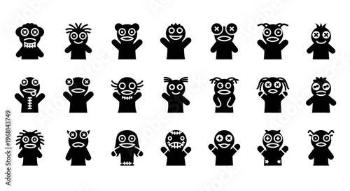 Cartoon monster icons, black silhouette characters, emotive creatures, vector graphics