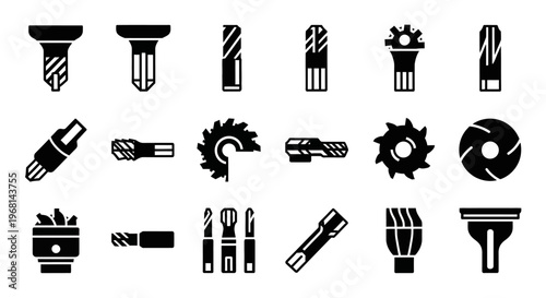 Drill bits, drill icons, drilling tools, 20 black silhouette symbols