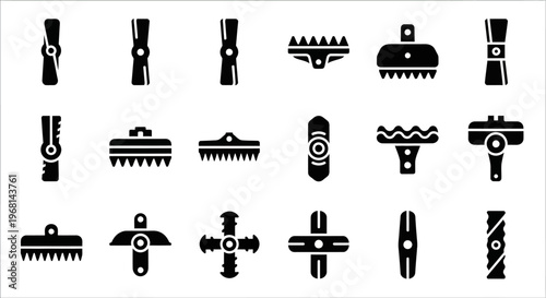 20 Black Hair Clipper, Trimmer, Shaver Icons. Vector grooming tool set. Barber equipment symbols