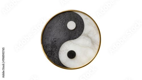 Bild auf Leinwand Textured black and white yin yang symbol with gold rim, isolated on transparent