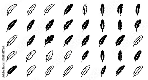 Black feather icons, feather illustration set, 40 feather graphics, vector feathers