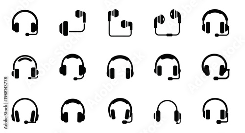 Headphone icons, black headphones set, vector headphones collection, audio equipment symbols