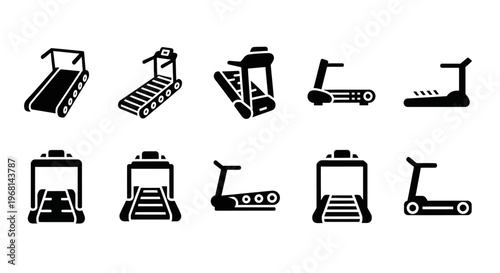 Fitness icons, gym equipment symbols, treadmill, scooter, exercise machine, workout tools, vector graphics