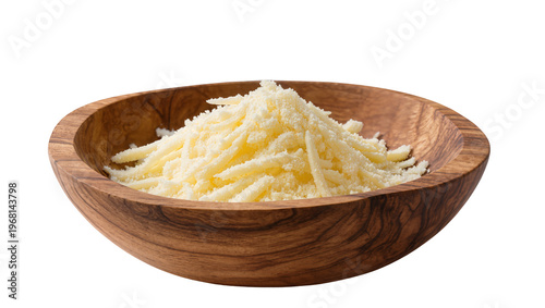 Fotografía Pile of shredded cheese in a rustic wooden bowl, isolated on transparent backgro