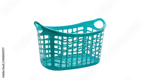 Schilderij op canvas Turquoise plastic laundry basket with handles, isolated on transparent backgroun