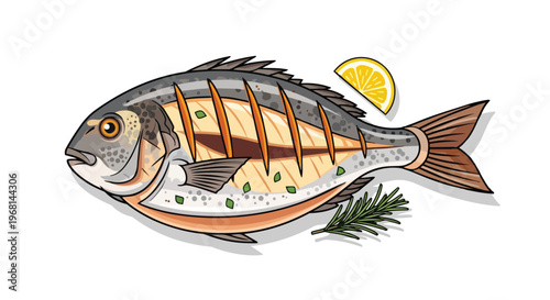 Flavorful grilled fish artwork featuring a perfectly cooked whole fish with vibrant lemon and aromatic rosemary on white
