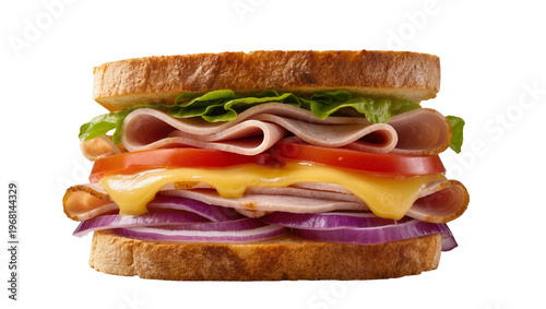 Hearty turkey and ham sandwich with melted cheese tomato onion and lettuce, isolated on transparent background