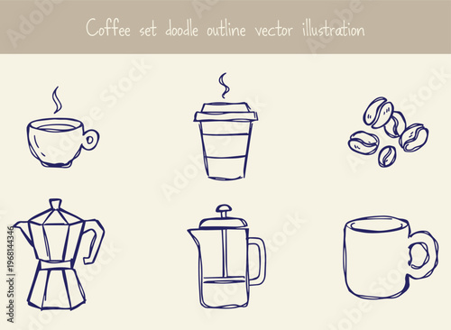 Coffee set doodle outline vector illustration with cup take away mug beans moka pot french press and ceramic mug hand drawn coffee shop menu elements for cafe brand design isolated on background.