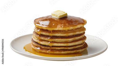 Stack of golden brown pancakes with melting butter and syrup, isolated on transparent background