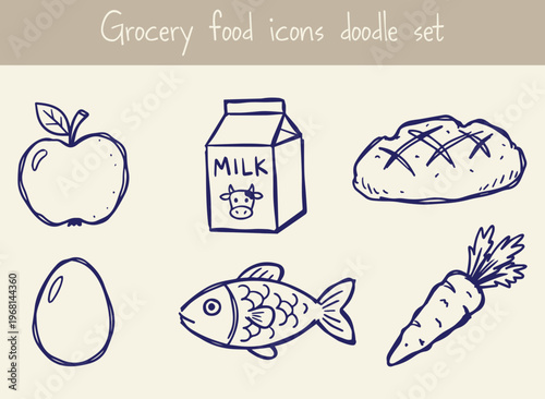 Grocery food icons doodle set with milk carton apple bread fish egg and carrot hand drawn vector illustration for market product labels supermarket design organic farm products sketch elements.