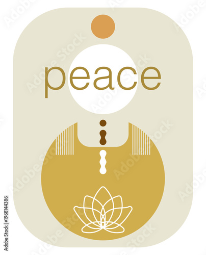 Minimalist boho vector illustration with "Peace" text, lotus flower, and geometric sun elements in earth tones.