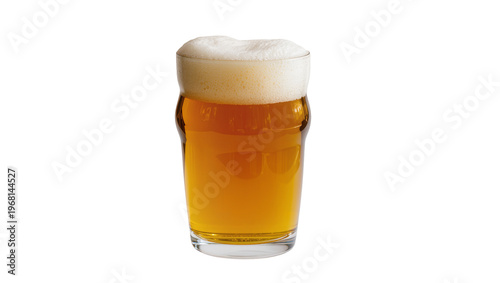Fotografía Full pint glass of golden amber ale beer with thick foamy head, isolated on tran