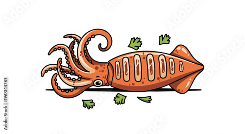 Vibrant cartoon squid illustration with fresh herb garnish, perfect for seafood menus.