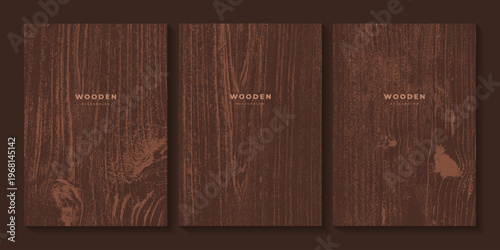Set of dark brown wooden textures. Walnut wood. Eco concept background with wood texture. Banner with tree pattern. Stamp of tree trunk in section. Templates with wooden concentric circles