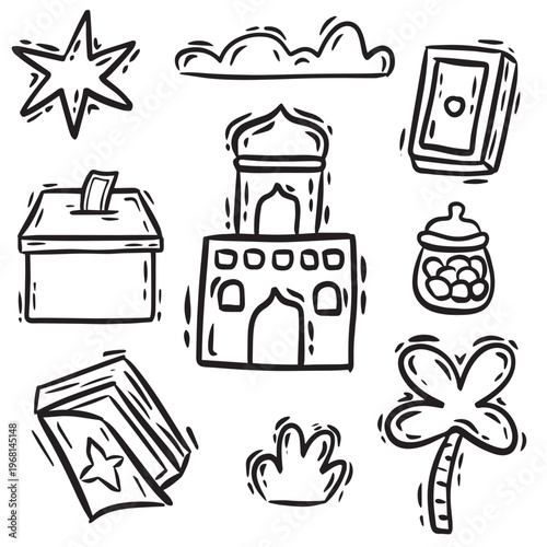 Ramadan Doodle Set Islamic Hand Drawn Outline Illustration