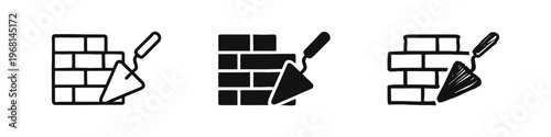 Brick Wall and Trowel Icon Set, Construction and Masonry Symbol, Building and Repair Graphic