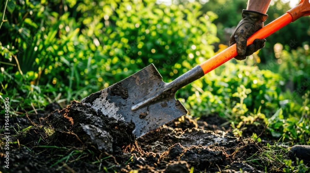 Fototapeta premium Shovel Digging Into Rich Garden Soil Outdoors in Sunlight