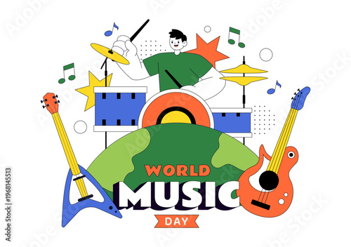 World Music Day Vector Illustration With Guitar And Saxophone Players, Musical Notes, Live Performance Celebration And Creative Sound Design