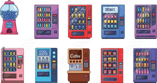 Colorful collection of modern vending machines offering drinks, snacks, coffee, and gumballs in vibrant designs, perfect for retail, commercial, and consumer product illustration themes