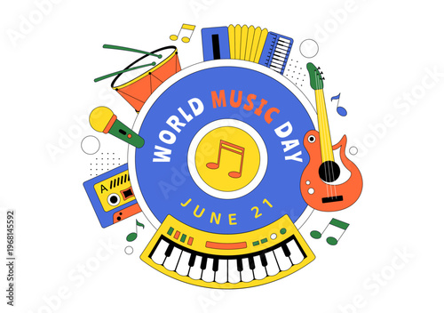 World Music Day Vector Illustration With Guitar And Saxophone Players, Musical Notes, Live Performance Celebration And Creative Sound Design