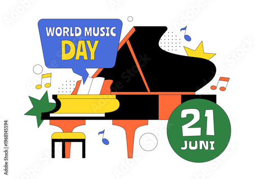 World Music Day Vector Illustration With Guitar And Saxophone Players, Musical Notes, Live Performance Celebration And Creative Sound Design