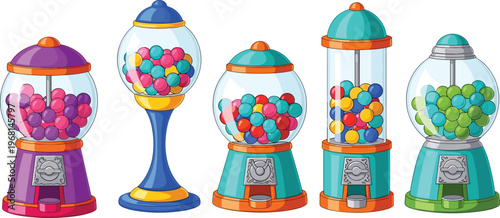 Colorful gumball machines filled with multicolored candies, vibrant retro dispensers in purple, blue, orange, teal, and green, nostalgic playful design for candy shop and vintage arcade illustration