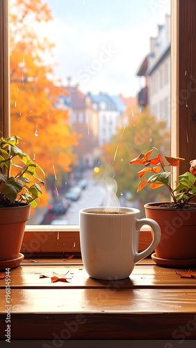 A serene autumn scene viewed from a window with a cup of coffee