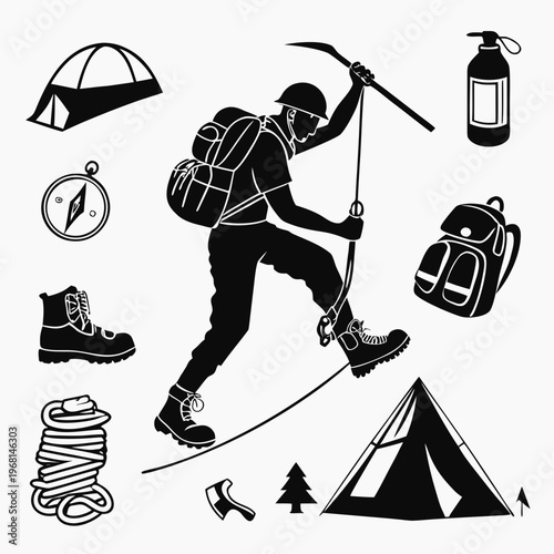 Mountain Climbing and Outdoor Adventure Icon Set Featuring Mountaineer Silhouette, Camping Gear, and Hiking Tools