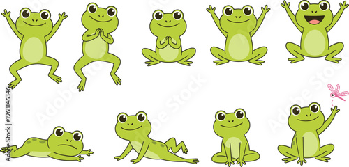 Cute frog cartoon characters set with different poses, smiling green frogs sitting, jumping and playing, funny amphibian vector illustration collection isolated