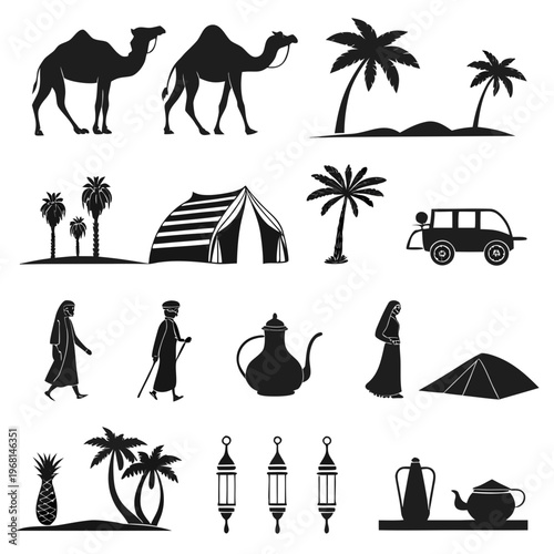 Desert Culture and Arabian Travel Icon Set with Camel Silhouettes, Palm Trees, Bedouin Tents, and Arabic Lanterns