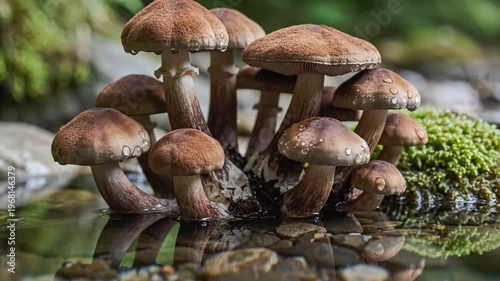 Earthy brown mushrooms cluster growing from water and mossy rocks with reflections