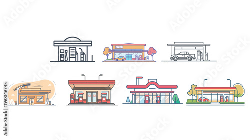 Gas station outline icon on white background, minimalist fuel station vector illustration